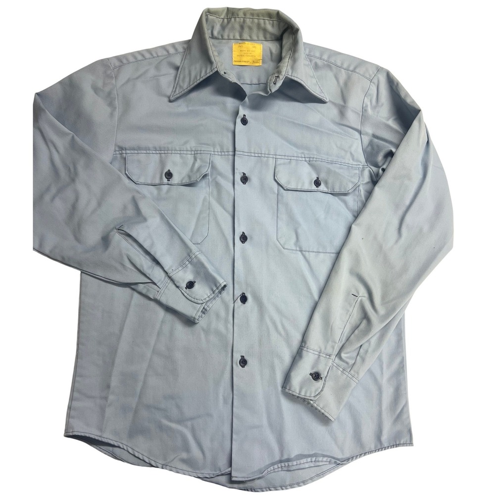 Vintage Sears Perma-Prest Mens Light Blue Work Shirt Long Sleeve Medium 15-15.5
